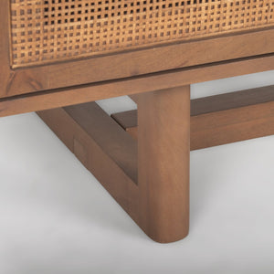 Mercana Grier 65" Rustic Mango Wood Media Console with Woven Cane Doors for Stylish Living Room Storage Medium Brown Wood | Cane Accent 69897