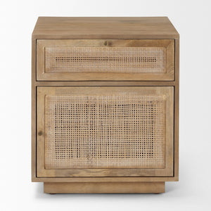 Mercana Grier Stylish Mango Wood Accent Table with Cane Panels - Mid-Century Charm & Modern Functionality Light Brown Wood | Cane Accent | 1 Door & Drawer 69935