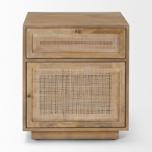 Mercana Grier Stylish Mango Wood Accent Table with Cane Panels - Mid-Century Charm & Modern Functionality Light Brown Wood | Cane Accent | 1 Door & Drawer 69935