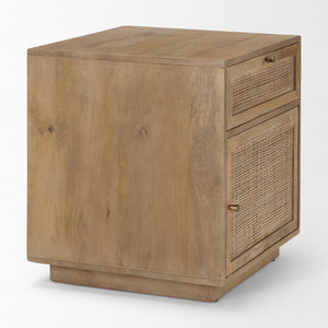 Mercana Grier Stylish Mango Wood Accent Table with Cane Panels - Mid-Century Charm & Modern Functionality Light Brown Wood | Cane Accent | 1 Door & Drawer 69935