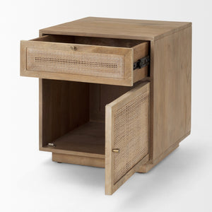 Mercana Grier Stylish Mango Wood Accent Table with Cane Panels - Mid-Century Charm & Modern Functionality Light Brown Wood | Cane Accent | 1 Door & Drawer 69935