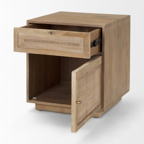 Mercana Grier Stylish Mango Wood Accent Table with Cane Panels - Mid-Century Charm & Modern Functionality Light Brown Wood | Cane Accent | 1 Door & Drawer 69935