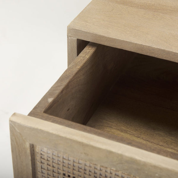 Mercana Grier Stylish Mango Wood Accent Table with Cane Panels - Mid-Century Charm & Modern Functionality Light Brown Wood | Cane Accent | 1 Door & Drawer 69935