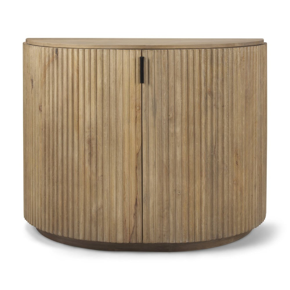 Mercana Terra Sculptural 2-Door Accent Cabinet with Solid Wood Construction and Black Iron Handles for Stylish Storage Light Brown Wood | Fluted 69879