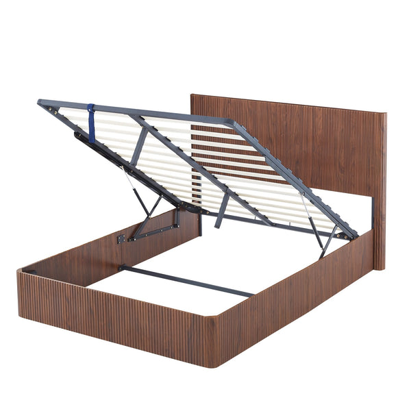 English Elm Queen Lift-Up Storage Bed Frame with Curved Wooden Design, Hydraulic Easy-Access Storage, 1000lb Capacity Walnut W1820P379903