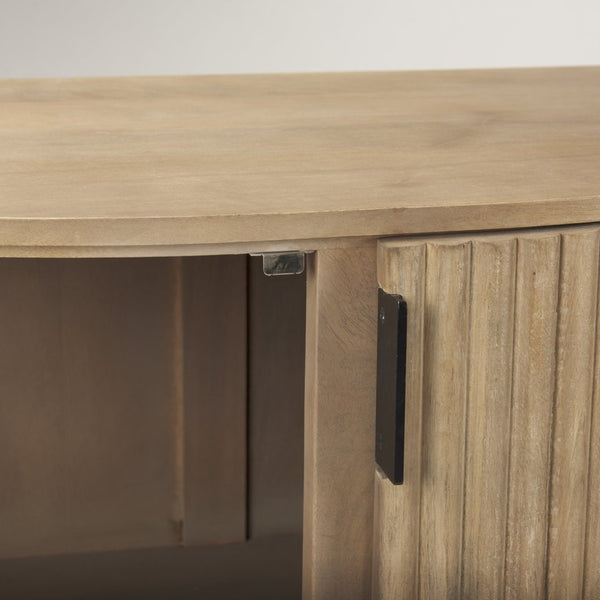 Mercana Terra Sculptural 2-Door Accent Cabinet with Solid Wood Construction and Black Iron Handles for Stylish Storage Light Brown Wood | Fluted 69879