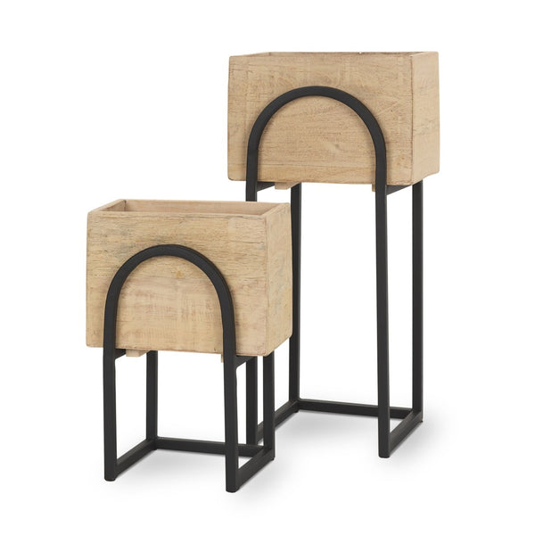 Mercana Jadine Set of 2 Rustic Wood Planters with Elegant Black Metal Frames for Indoor & Outdoor Decor Beige | Arch 70156
