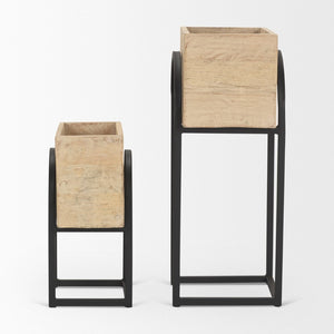 Mercana Jadine Set of 2 Rustic Wood Planters with Elegant Black Metal Frames for Indoor & Outdoor Decor Beige | Arch 70156