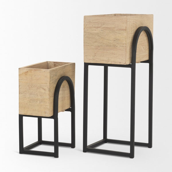 Mercana Jadine Set of 2 Rustic Wood Planters with Elegant Black Metal Frames for Indoor & Outdoor Decor Beige | Arch 70156