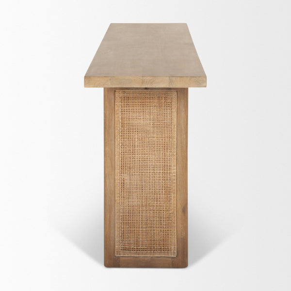 Mercana Grier Console Table: Stylish Solid Wood with Cane Panels for Modern and Rustic Living Spaces Light Brown Wood | Cane Accent 70172
