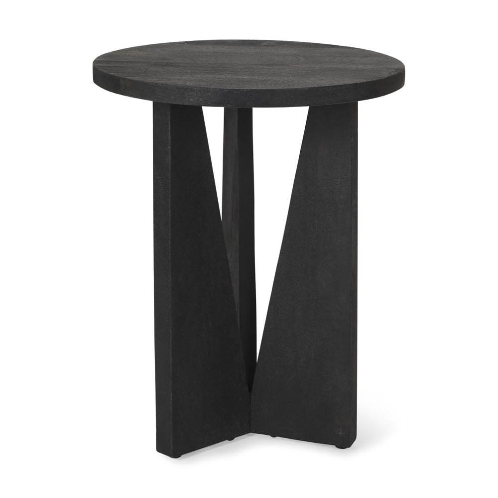 Mercana Mattius Modern Accent Table with Sculptural Three-Legged Base for Stylish Living Space Decor Black Wood 70110