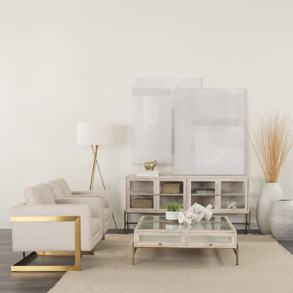 Mercana Arelius Sideboard with Glass Cabinet Doors - Stylish Storage Solution for Modern Living Spaces White Wood | Gold Metal 69295