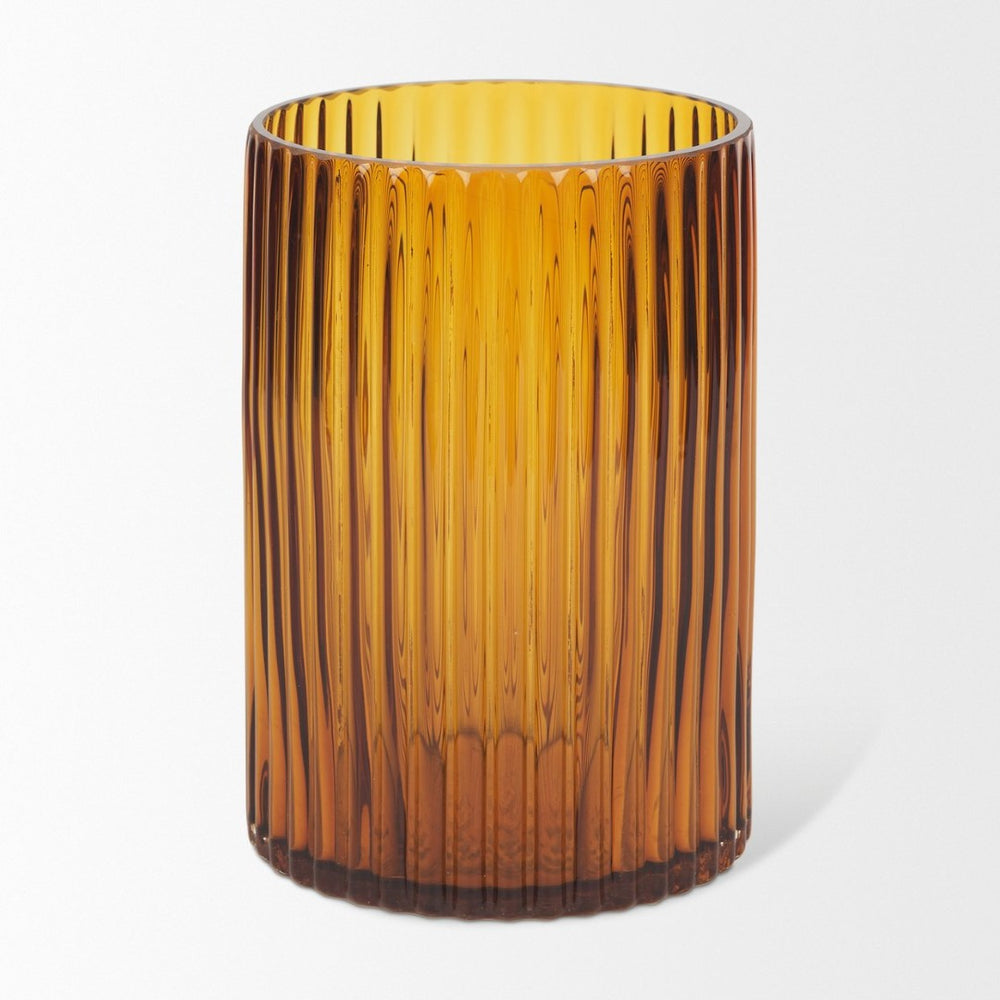 Mercana Dawn Smoky Black Ribbed Glass Vase - Modern Sculptural Design for Fresh Flowers or Candles Amber Glass | Short 70362