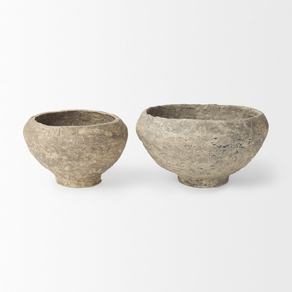 Mercana Sonu Handcrafted Eco-Friendly Paper-Mâché Half-Pot Bowls for Rustic Home Decor and Styling Gray Paper Mache | Set of 2 70216