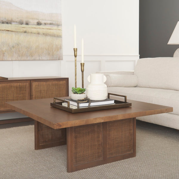 Mercana Grier 42" Square Coffee Table – Solid Mango Wood with Elegant Cane Detailing for Modern Living Spaces Medium Brown Wood | Cane Accent 69903