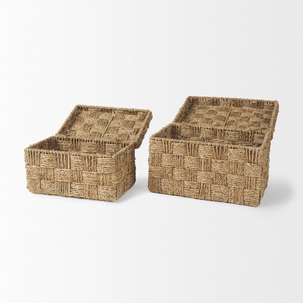 Mercana Hanalei Natural Woven Storage Boxes with Lids for Organizing Home Décor and Decluttering Spaces 70230
