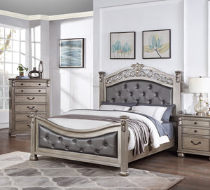 English Elm Formal California King Bedframe - Antique Silver Tufted Faux Leather Headboard & Footboard Elegance B011S00951