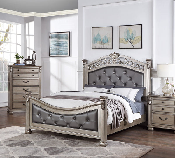 English Elm Formal California King Bedframe - Antique Silver Tufted Faux Leather Headboard & Footboard Elegance B011S00951