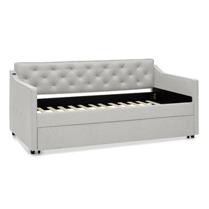 English Elm Twin Linen Tufted Daybed with Pop up Trundle and Usb Port for Guest Rooms W1413S00129