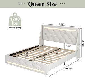 English Elm Queen Platform Bed Wingback Diamond Quilted Headboard Led Lighting Storage Drawers White W5722P462388