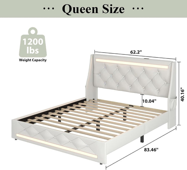 English Elm Queen Platform Bed Wingback Diamond Quilted Headboard Led Lighting Storage Drawers White W5722P462388