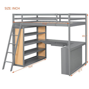 English Elm Full Size Loft Bed with Desk Shelves Writeable Board Pine Frame Gray Finish LT100226AAE-1