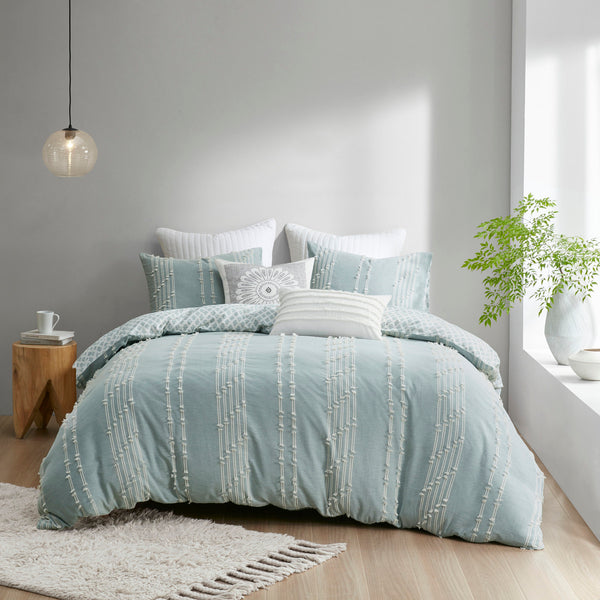 English Elm King/Cal Kara Cotton Jacquard Duvet Cover Set - Eco OEKO-TEX, Aqua Diamond Reverse, Button Closure, 3pc B03596483