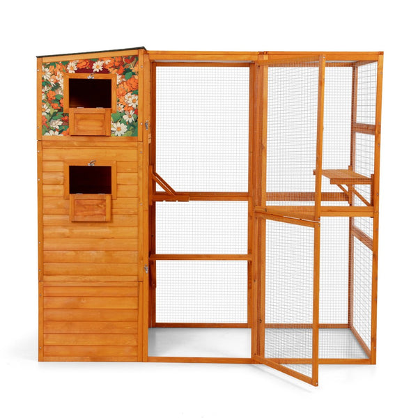 English Elm 70" Outdoor Cat Catio Spruce Wood Weatherproof Enclosure with 4 Tiers and Mesh Run W2181P356201