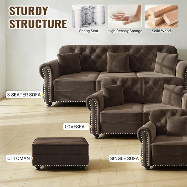 English Elm Upholstered Velvet Chesterfield Sofa with Button Tufting Nailhead Trim and Ottoman Brown W1885S00395
