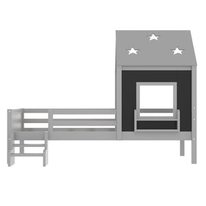 English Elm Full Bunk Bed with Trundle Bookshelf Storage Pine Frame Car Design for Kids Gray W1580S00294