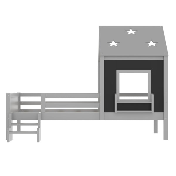 English Elm Full Bunk Bed with Trundle Bookshelf Storage Pine Frame Car Design for Kids Gray W1580S00294