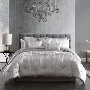 English Elm Turin Silver Crinkle Velvet 7PC Queen Bedding Set — Luxe Textured Polyester, 2 Shams, 3 Pillows & Skirt B340P342002
