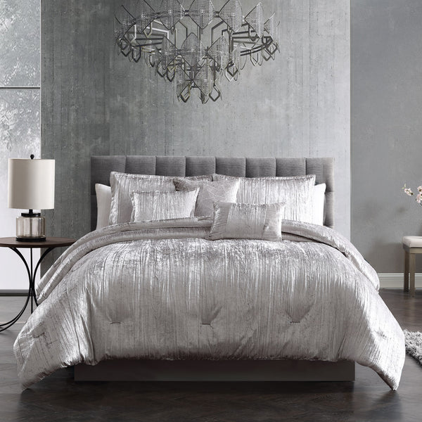 English Elm Turin Silver Crinkle Velvet 7PC Queen Bedding Set — Luxe Textured Polyester, 2 Shams, 3 Pillows & Skirt B340P342002