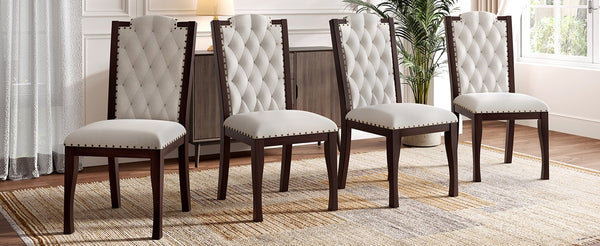 English Elm Upholstered High-Back Dining Chairs Set of 4 with Diamond Tufting, Nailhead Trim & Solid Wood Legs, Durable Comfort for Kitchen, Dining Room, Restaurant Seating Beige,Espresso N752P331360P