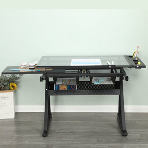 English Elm Black Tempered Glass Drafting Table with Stool Tilt Adjustable Artist Studio Desk W34737210