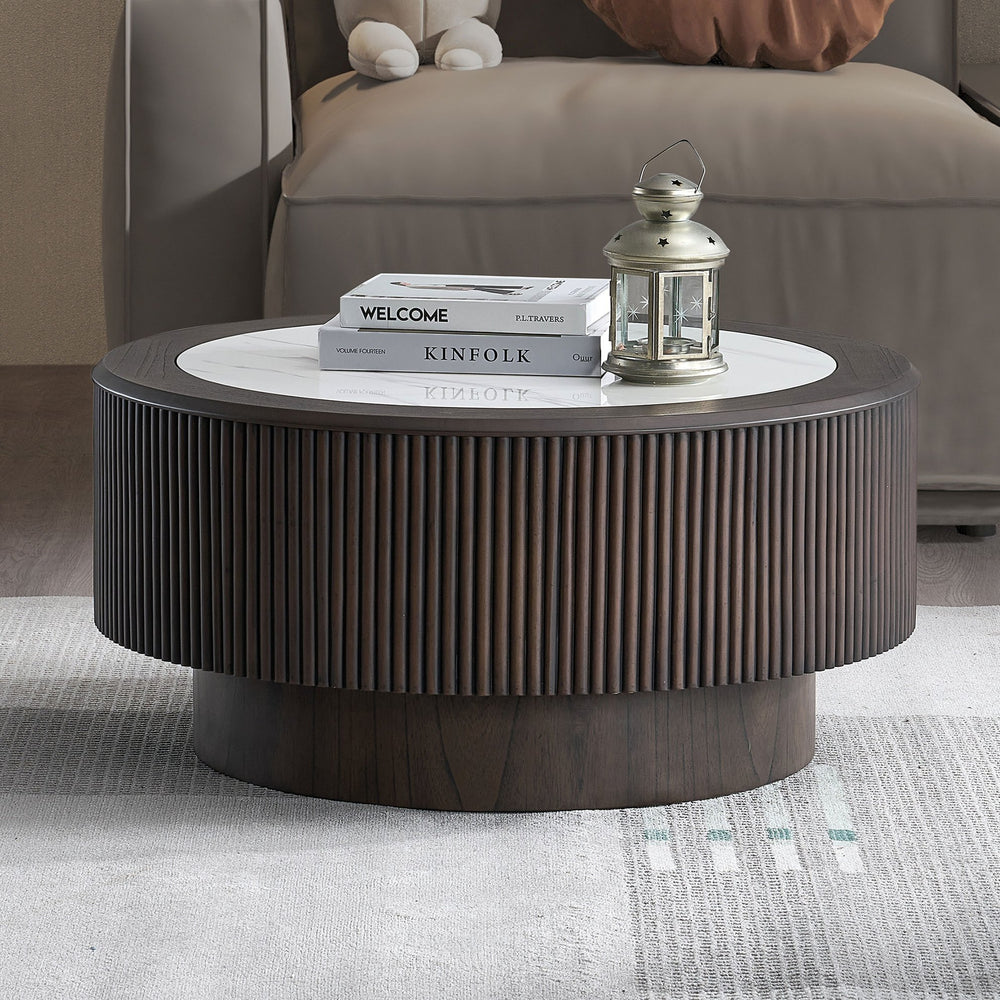 English Elm 35.43 Modern Faux Marble Coffee Table 39in Round MDF Top with Sturdy Pedestal Base for Living Room W2582P312650