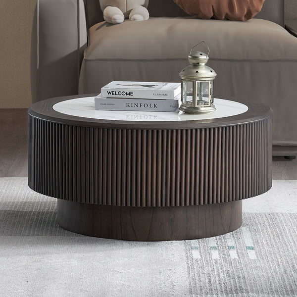 English Elm 35.43 Modern Faux Marble Coffee Table 39in Round MDF Top with Sturdy Pedestal Base for Living Room W2582P312650