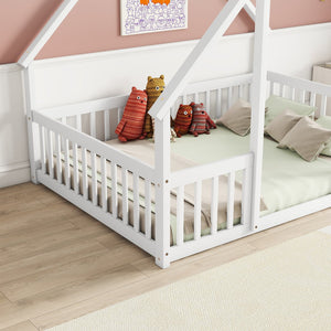 English Elm Full House-Shaped Floor Bed with Fence and Guardrails, Pine Wood Play Loft for Imaginative Kids Retreat White W504P143294
