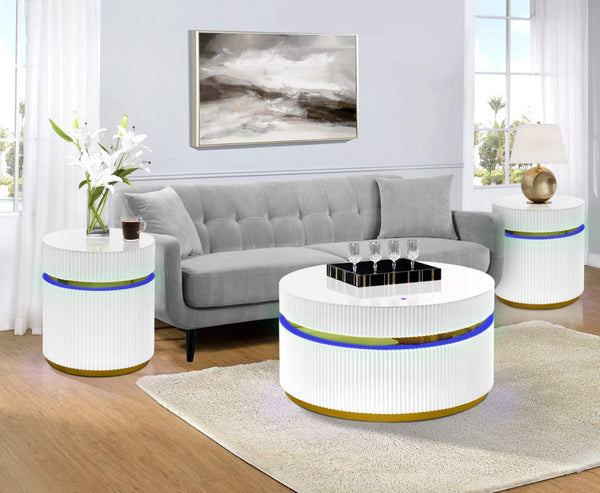 English Elm Tivoli Round Glass Top Coffee Table Set with Led Lighting and Gold Reeded Base B2749S00156