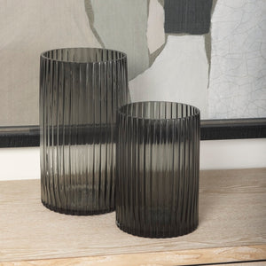 Mercana Dawn Smoky Black Ribbed Glass Vase - Modern Sculptural Design for Fresh Flowers or Candles Black Glass | Short 70360