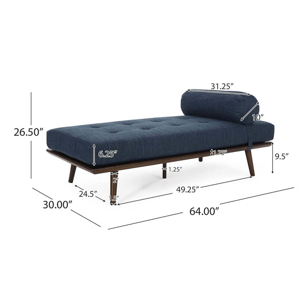 English Elm CHAISE Mid-Century Button-Tufted Waffle Stitch Lounge with Bolster Pillow and Rubberwood Frame Elegance Navy Blue 70.75 L x 31.75 W x 9.5 H W2297P190132
