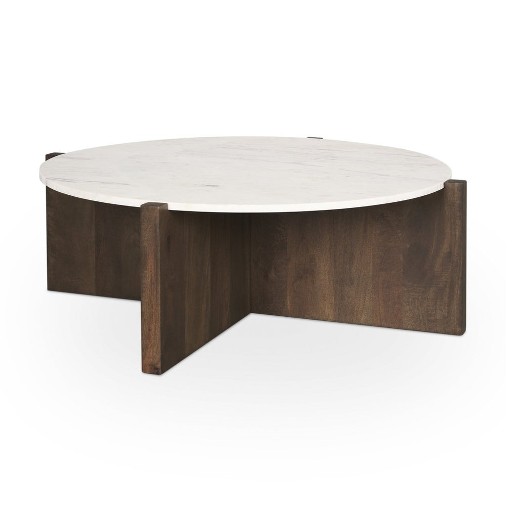 Mercana Bianca Round Marble Top Coffee Table - Elegant Banswara Design with Solid Wood Base for Living Spaces Dark Brown | Marble 70648-AB