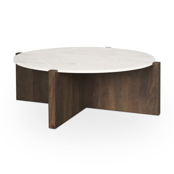Mercana Bianca Round Marble Top Coffee Table - Elegant Banswara Design with Solid Wood Base for Living Spaces Dark Brown | Marble 70648-AB