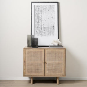 Mercana Grier 36" Solid Mango Wood Accent Cabinet with Woven Cane Doors for Stylish Storage Solutions Light Brown Wood | Cane Accent | 2 Door 69909