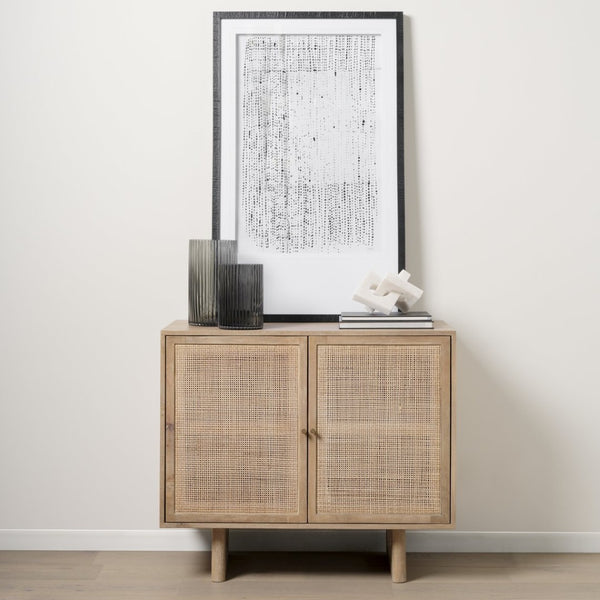 Mercana Grier 36" Solid Mango Wood Accent Cabinet with Woven Cane Doors for Stylish Storage Solutions Light Brown Wood | Cane Accent | 2 Door 69909