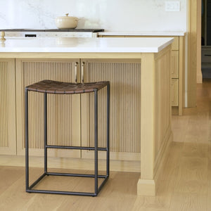 Mercana Clarissa Dark Brown Woven Leather Counter Stool with Sturdy Black Iron Frame for Modern Spaces Brown Leather | Black Metal | Counter 69393