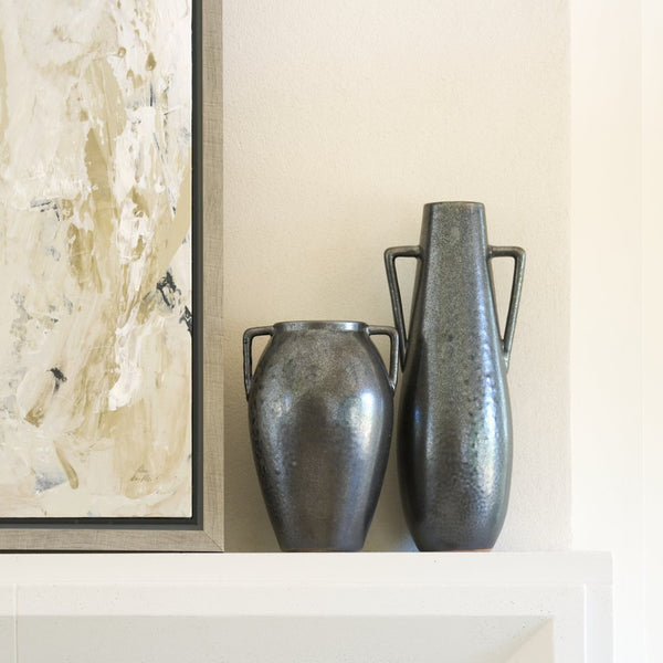 Mercana Kora Sculptural Ceramic Vase with Unique Metallic Finish and Architectural Double Ear Design Dark Metallic | 11.2H 70080