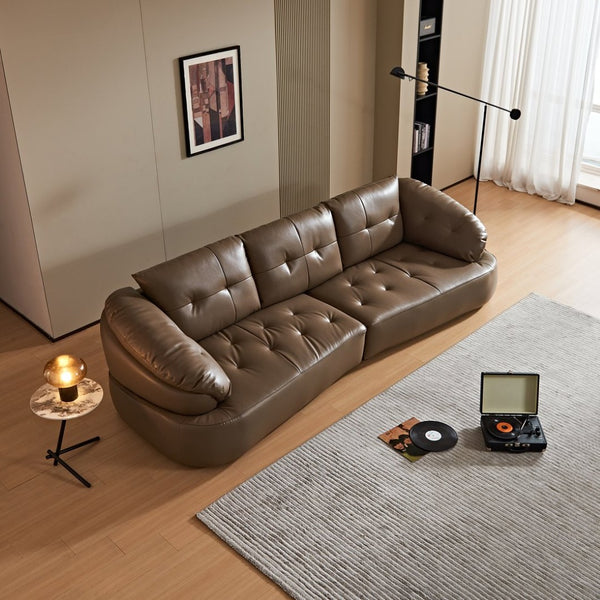 English Elm Modern Elliptical Three Seat Sofa Genuine Cowhide Leather Solid Wood Frame Living Room Brown W1765S00136
