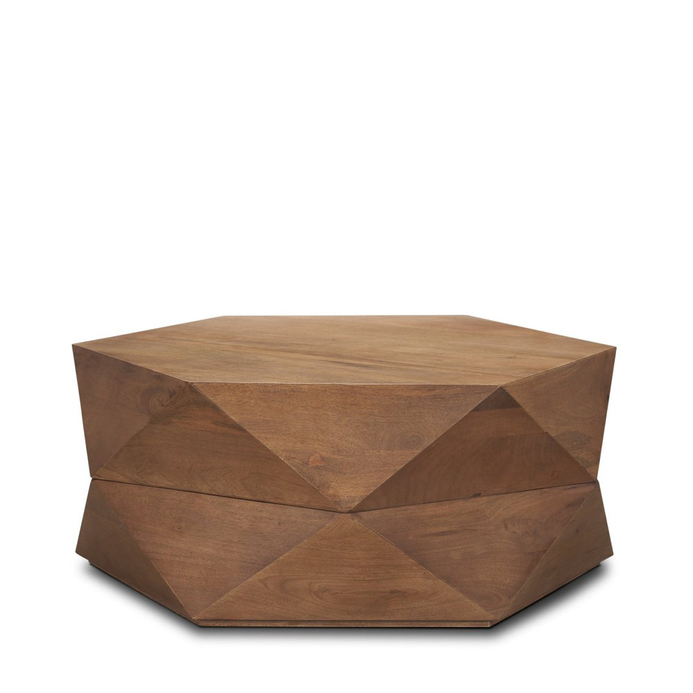 Mercana Arreto Hexagonal Solid Mango Wood Coffee Table with Hidden Storage and Modern Sculptural Design 70566