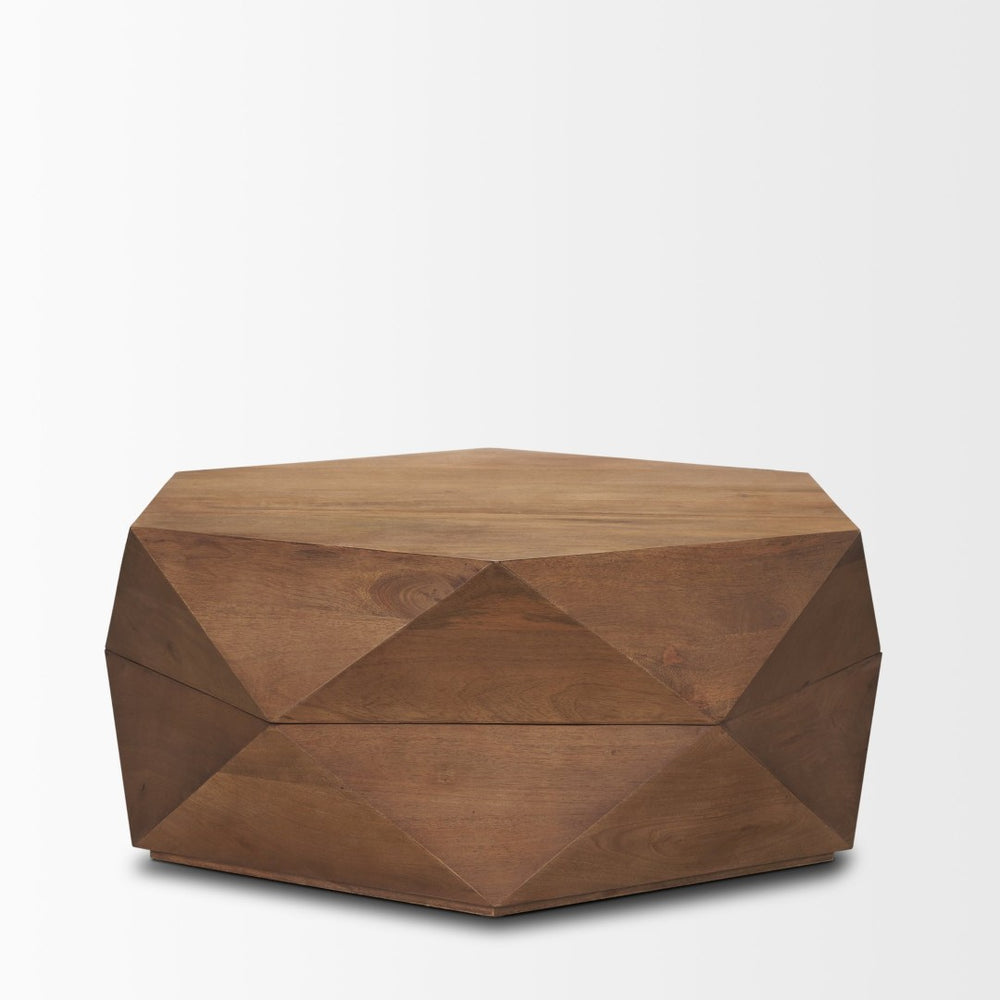 Mercana Arreto Hexagonal Solid Mango Wood Coffee Table with Hidden Storage and Modern Sculptural Design 70566